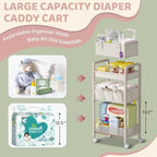 Close up of 3-tier rolling cart showing organized baby supplies