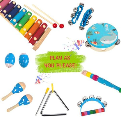 Sixteen piece preschool educational musical kit laid out with premium cotton storage bag.
