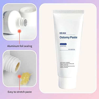 Alcohol-free skin barrier ostomy paste tube displaying medical product information for leakage prevention.
