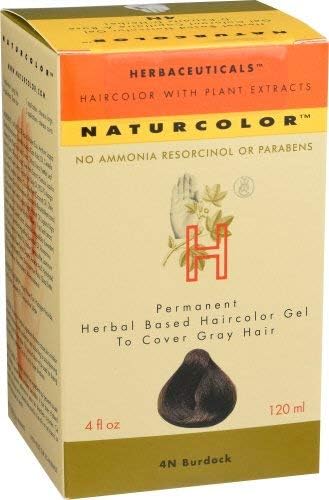 Back label of Naturcolor 4N Burdock hair color gel highlighting the ammonia free formula ingredients