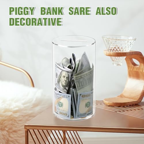 Thingrific six by four inch clear piggy bank demonstrating its capacity and thick material layout
