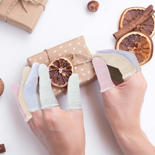 Breathable cotton fingertip protectors spread out in random vibrant colors.