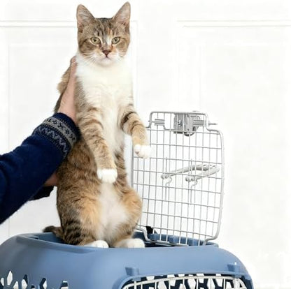 Secure single motion locking latch on the front wire door of the pet carrier