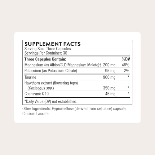 Thorne Heart Health Complex supplement facts panel showcasing CoQ10 and Taurine ingredients.
