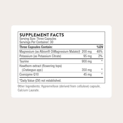 Thorne Heart Health Complex supplement facts panel showcasing CoQ10 and Taurine ingredients.