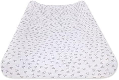Close-up view of the grey bee print on the organic cotton changing pad cover.