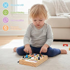 Side view of the farm theme sensory toy emphasizing the secure battery compartment.