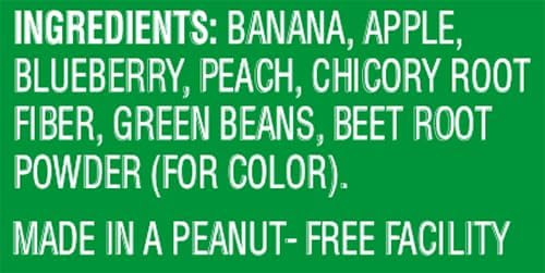 Individual one ounce pouch of freeze-dried fruit and veggie bites showing the recommended age label.
