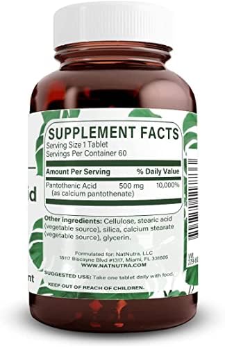 Natural Nutra Vitamin B5 120 tablets supplement facts label