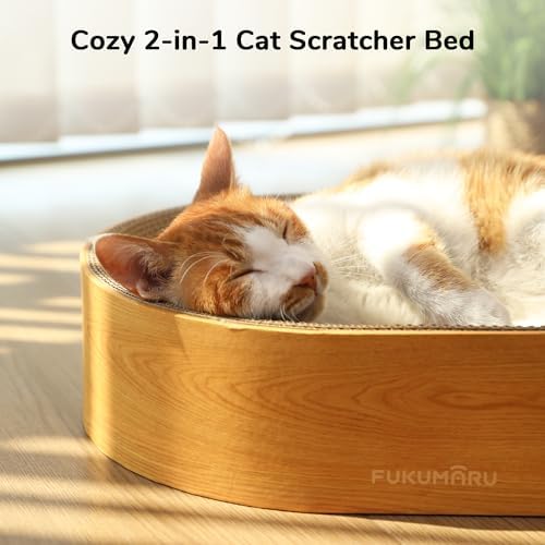 FUKUMARU eco-friendly recycled cat scratcher bed showing its large size dimensions suitable for indoor feline pets.