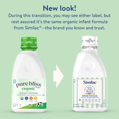 Similac Pure Bliss Organic liquid formula thirty two fluid ounce bottle pack showing nutritional facts and ingredients list
