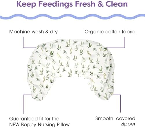 Close up of soft organic green leaves fabric on Boppy nursing pillow cover