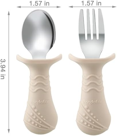 PandaEar blue green and beige baby utensils top view