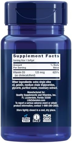 Life Extension Vitamin D3 nutritional supplement label details