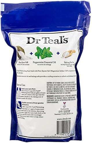 Dr. Teal's therapeutic peppermint and baking soda soaking solution bags displaying product details and usage directions.
