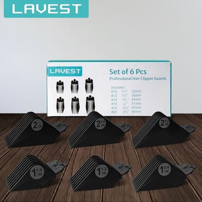 Full packaging view of the LAVEST six piece extra long clipper guide combs for home grooming