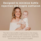 Two pack packaging of the Suavinex Zero.Zero light nude silicone replacement nipples for newborn bottles