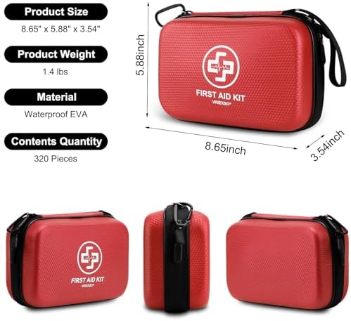 Vriexsd 320 piece first aid kit open showing organized medical compartments and bandages.