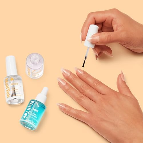 Close up of Nail Tek Renew cuticle oil bottle with dropper cap