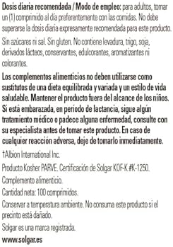 Solgar Chelated Copper trace mineral supplement showing ingredients and vegan certification symbols.