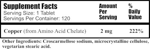 Vegan chelated copper supplement tablets container back label showing ingredients and directions for daily wellness use