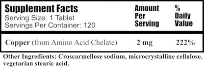 Vegan chelated copper supplement tablets container back label showing ingredients and directions for daily wellness use