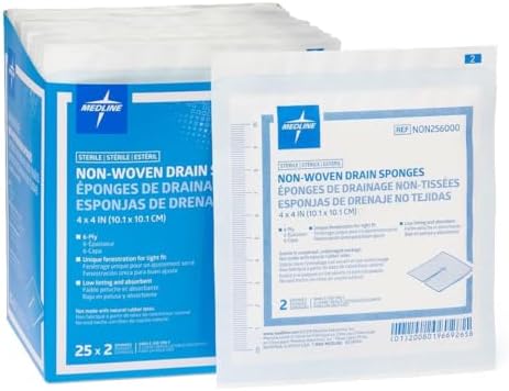 Side angle view of the fifty count Medline sterile nonwoven gauze packaging details.