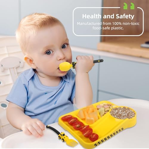 Ergonomic spoon and fork set for toddlers on a plain background