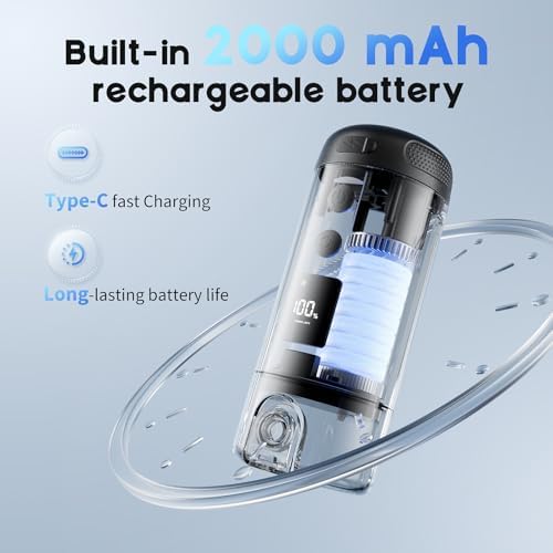 Electric travel bidet showing the USB charging port and 2000mAh battery compartment.