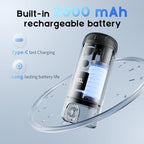 Electric travel bidet showing the USB charging port and 2000mAh battery compartment.