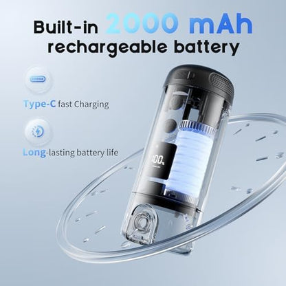 Electric travel bidet showing the USB charging port and 2000mAh battery compartment.