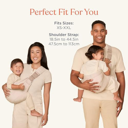 Side view of a parent carrying a toddler comfortably in the Ergobaby hip sling.