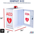 Wall mounted AED storage box with emergency alarm and red strobe light for offices.