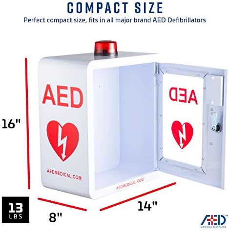 Wall mounted AED storage box with emergency alarm and red strobe light for offices.