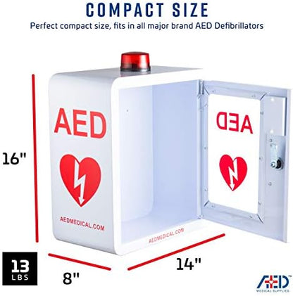 Wall mounted AED storage box with emergency alarm and red strobe light for offices.