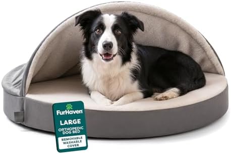 FurHaven Round Orthopedic Dog Bed for Large Dogs, Egg Crate with a Solid Orthopedic Foam Base with Attached Blanket Hood and Removable Washable Cover, Large, Sherpa & Suede Snuggery, Gray - Image 2