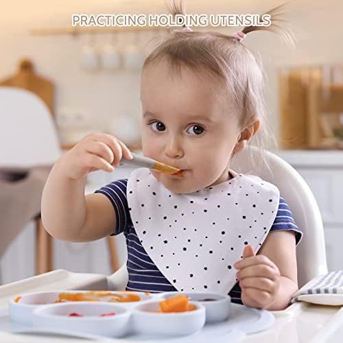 A pack of six pastel colored silicone baby spoons arranged neatly on a clean kitchen counter.
