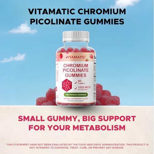 Chewable dietary supplement gummies by Vitamatic featuring natural raspberry color and shape