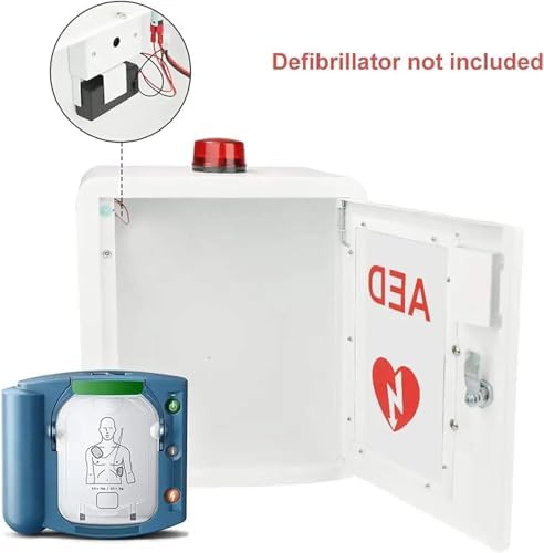 Close up of red flashing strobe light on top of AED emergency cabinet