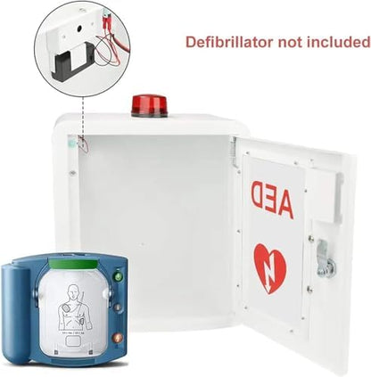 Close up of red flashing strobe light on top of AED emergency cabinet
