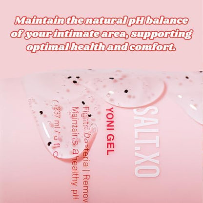 Salt.xo Yoni Gel packaging highlighting pH balance and cruelty-free claims.