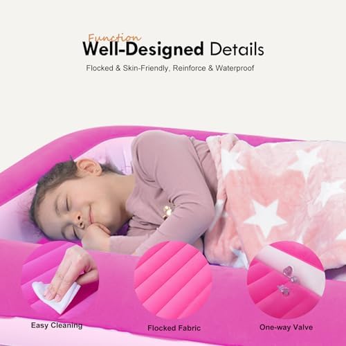 RAPTAVIS pink inflatable bed for kids camping showing protective raised side bumpers