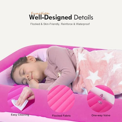 RAPTAVIS pink inflatable bed for kids camping showing protective raised side bumpers