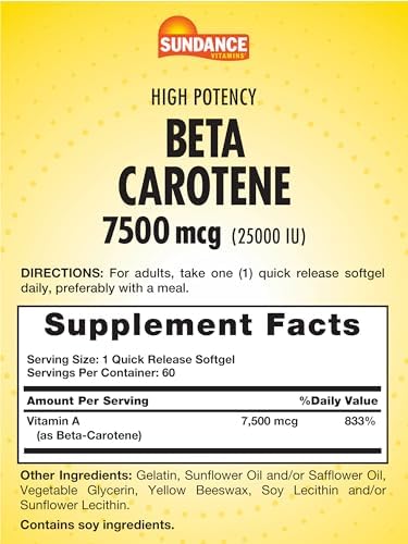 Sundance Beta Carotene 25000 IU dietary supplement packaging detailing non-GMO and gluten free certification