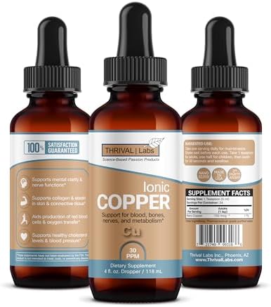 Side label view detailing ingredients and USA manufacturing information for Thrival Labs liquid mineral.