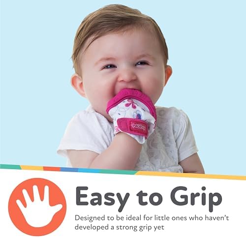 Baby wearing Nuby Teething Mitten on hand