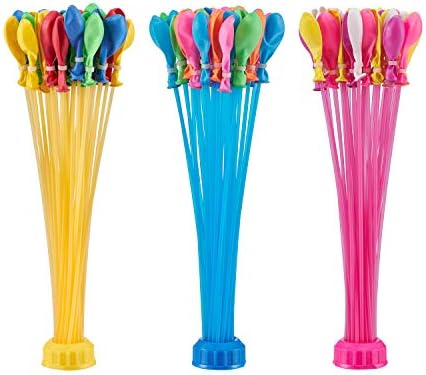 Multicolor bunch of water balloons expanding inside a blue bucket