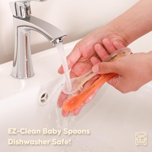 Omnilove dishwasher safe baby feeding essentials pack containing two flexible toddler spoons.