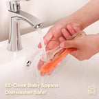 Omnilove dishwasher safe baby feeding essentials pack containing two flexible toddler spoons.