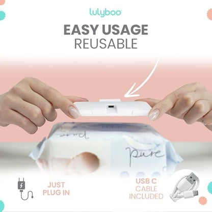 Lulyboo wipe warmer showing USB charging cable and portable design